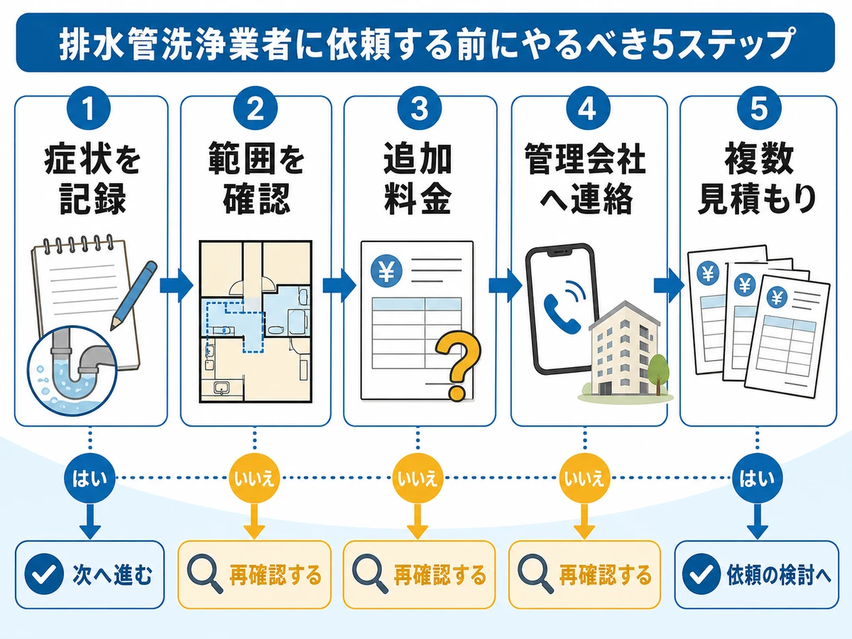 排水管洗浄を業者へ頼む前の確認事項を示す判断チャート