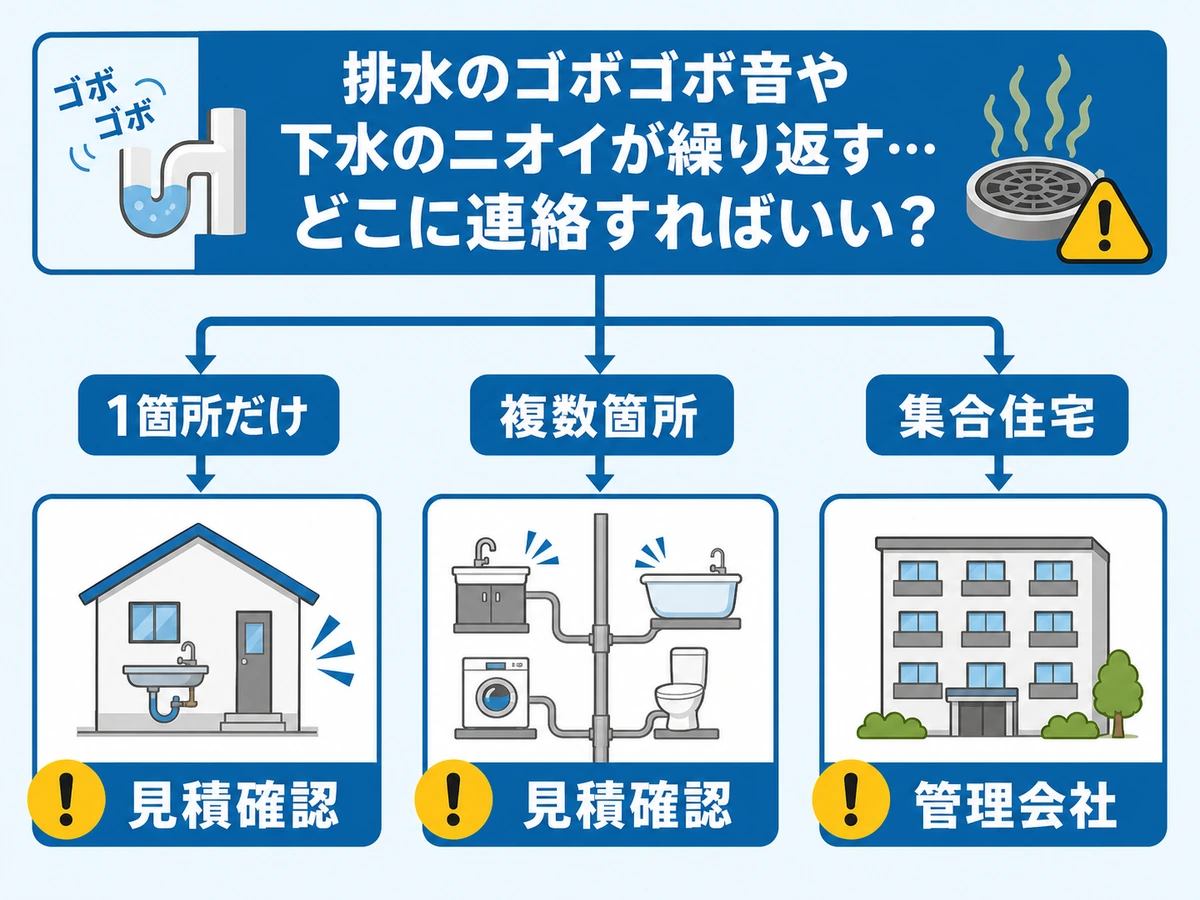 排水管の音や臭いが続くときの相談先判断チャート