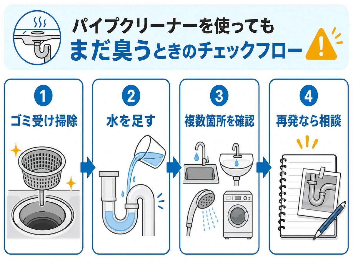 排水口の臭いが戻るときにゴミ受け掃除、水を足す、複数箇所確認、再発相談の順で示す図