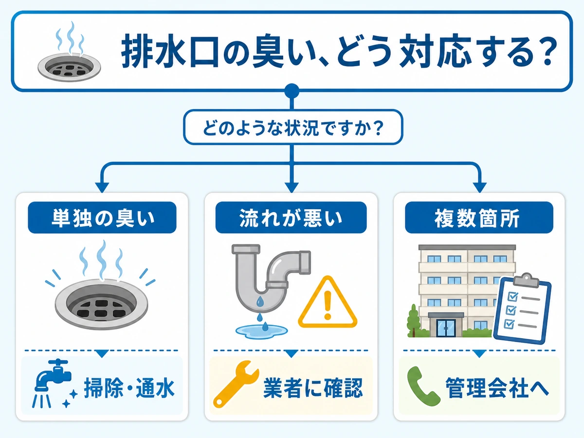 排水口の臭いで掃除や通水、業者確認、管理会社への連絡を分ける判断図