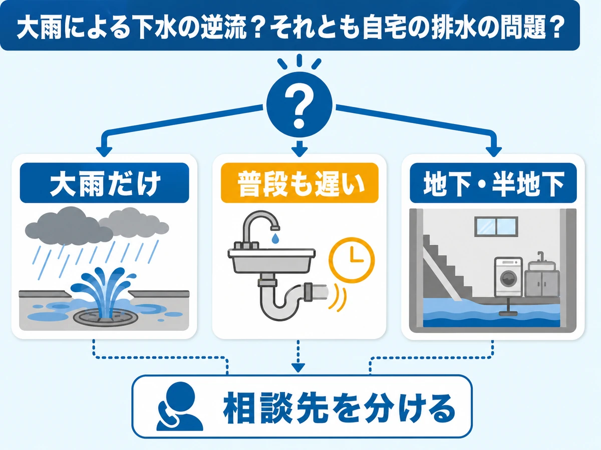 大雨時の排水逆流で下水道側か宅内配管かを切り分ける図解