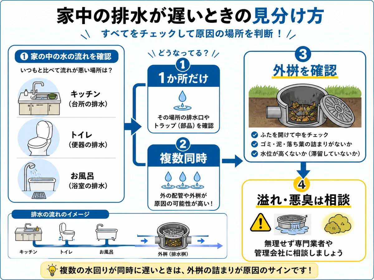 家中の排水が悪いときの症状別確認フロー