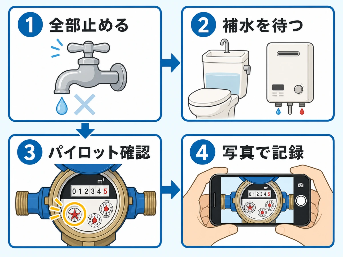 水道を止めてパイロットを確認し写真に記録する4段階の流れ