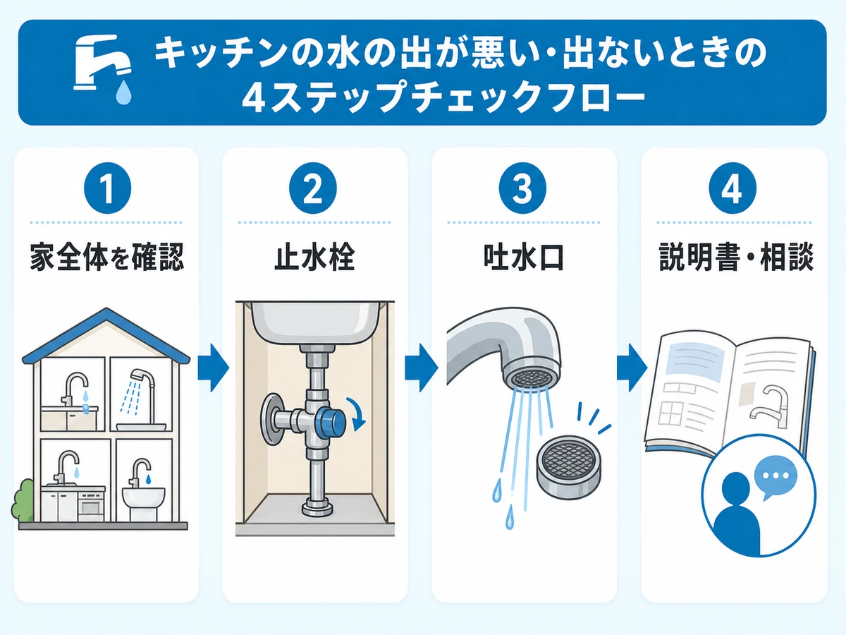 キッチン蛇口の水が出ない・弱いときに家全体、止水栓、吐水口、説明書の順で確認する図