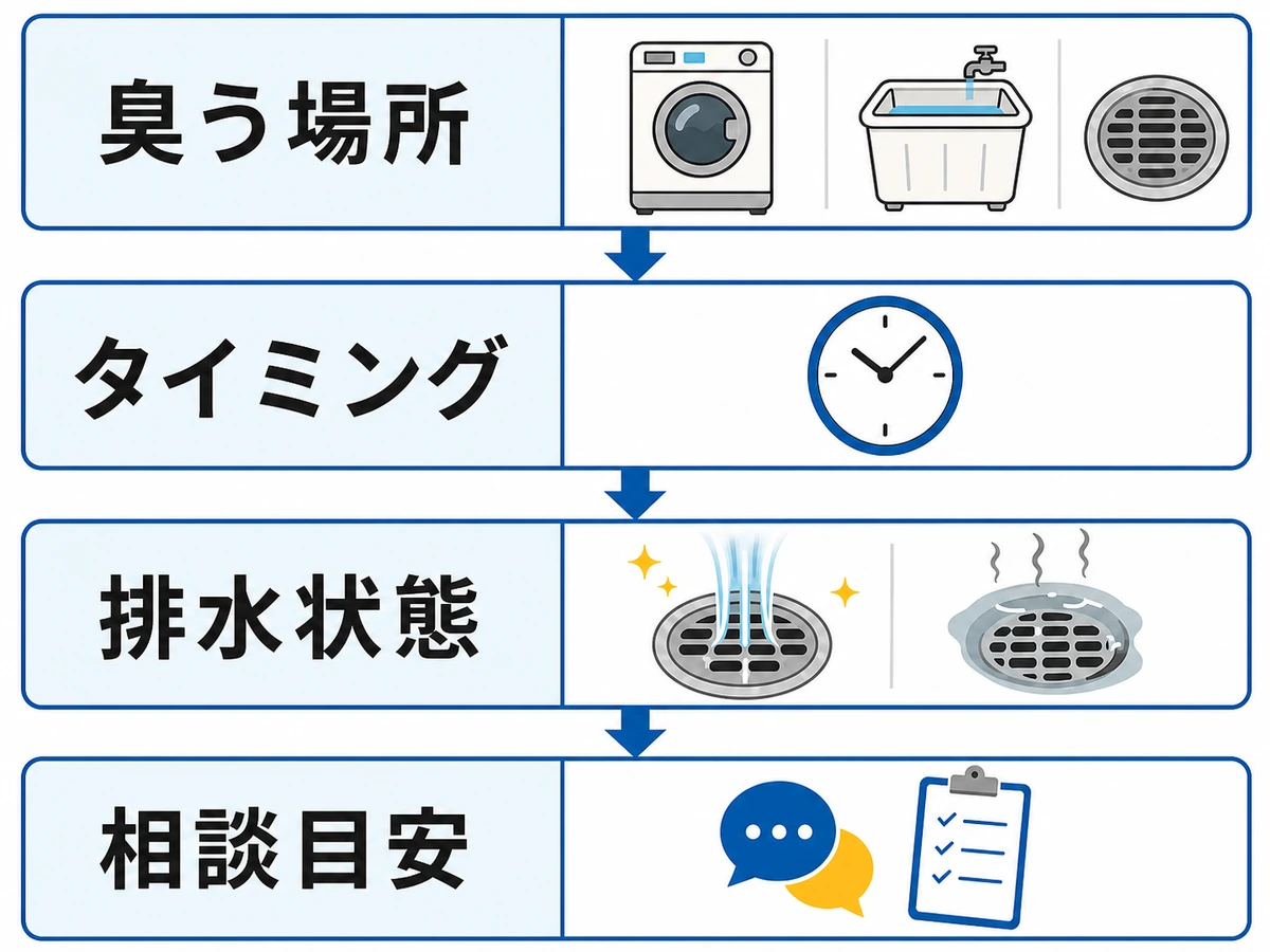洗濯機の臭いを臭う場所、タイミング、排水状態、相談目安の順に確認する図