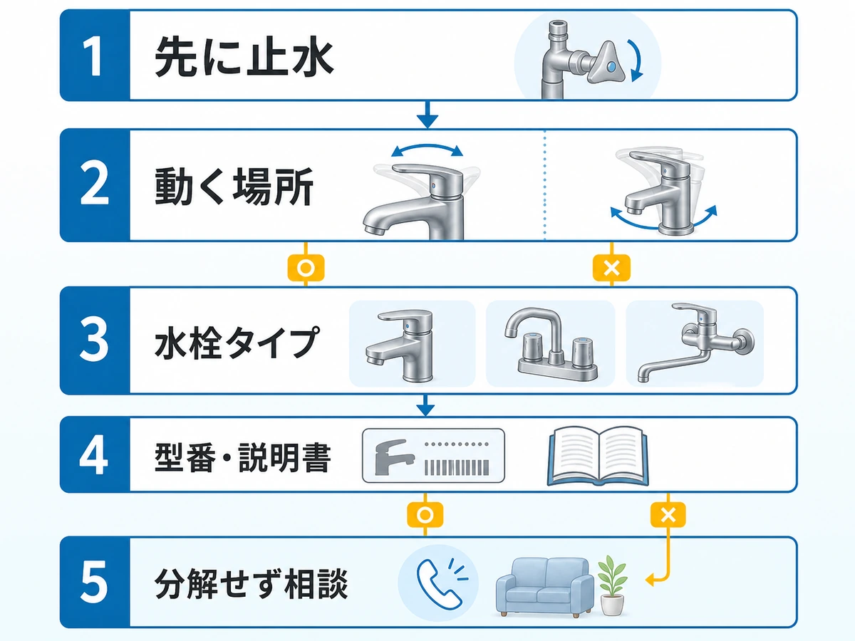 蛇口ハンドルの不具合を止水、動く場所、水栓タイプ、型番・説明書の順で確認するフロー