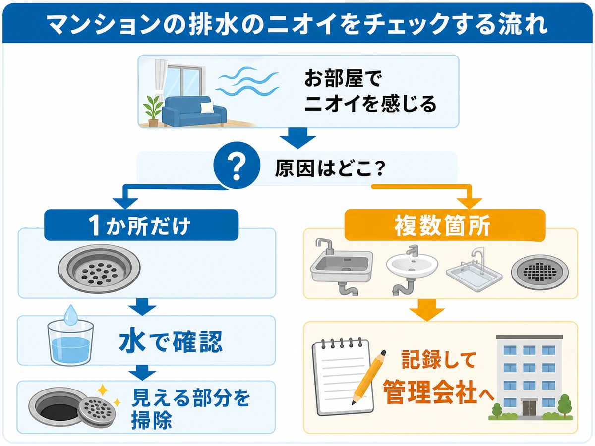 マンションの下水臭を1か所か複数箇所かで確認する流れ