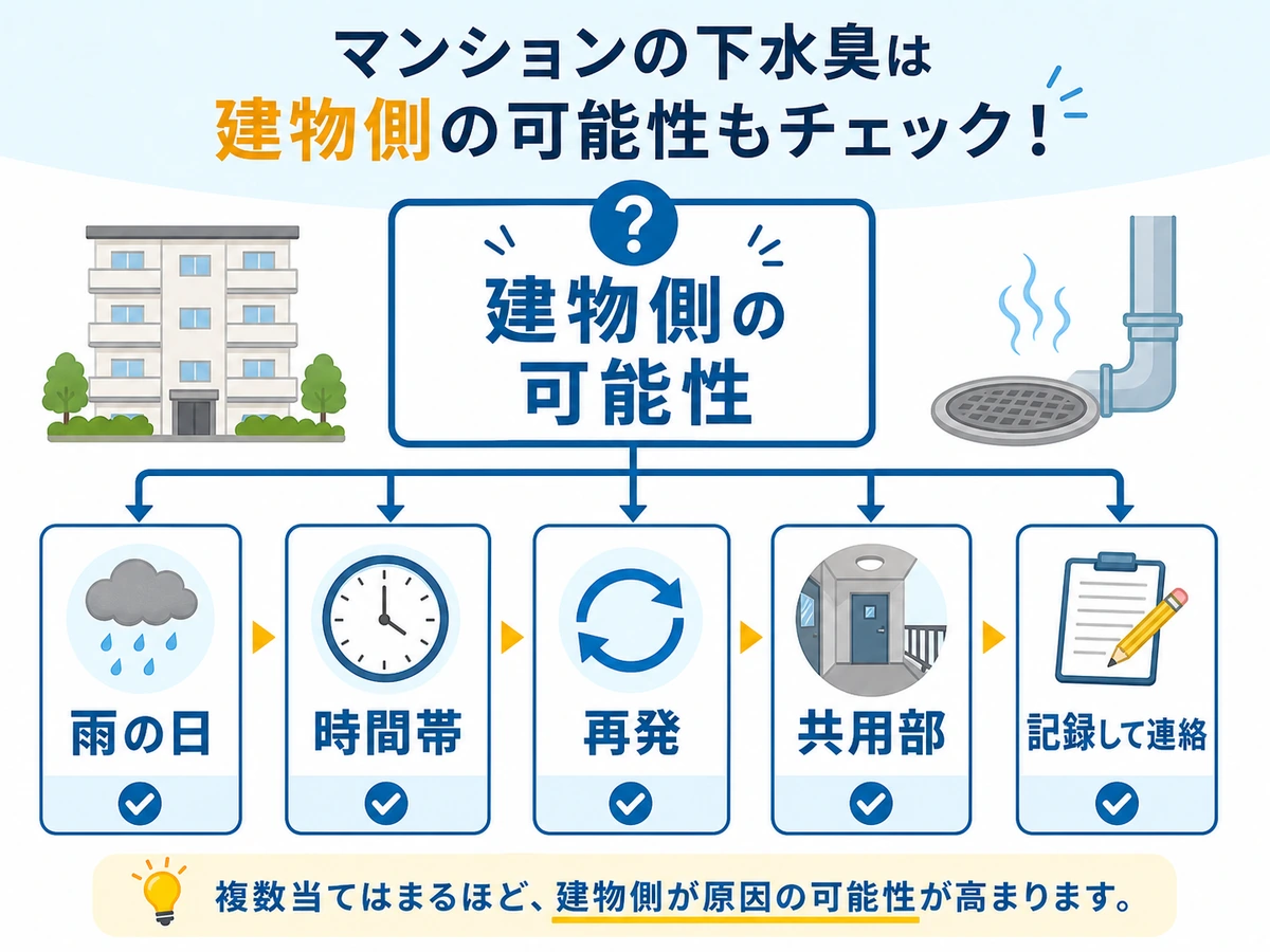 雨の日や時間帯で下水臭が再発する時に管理会社へ連絡する判断図