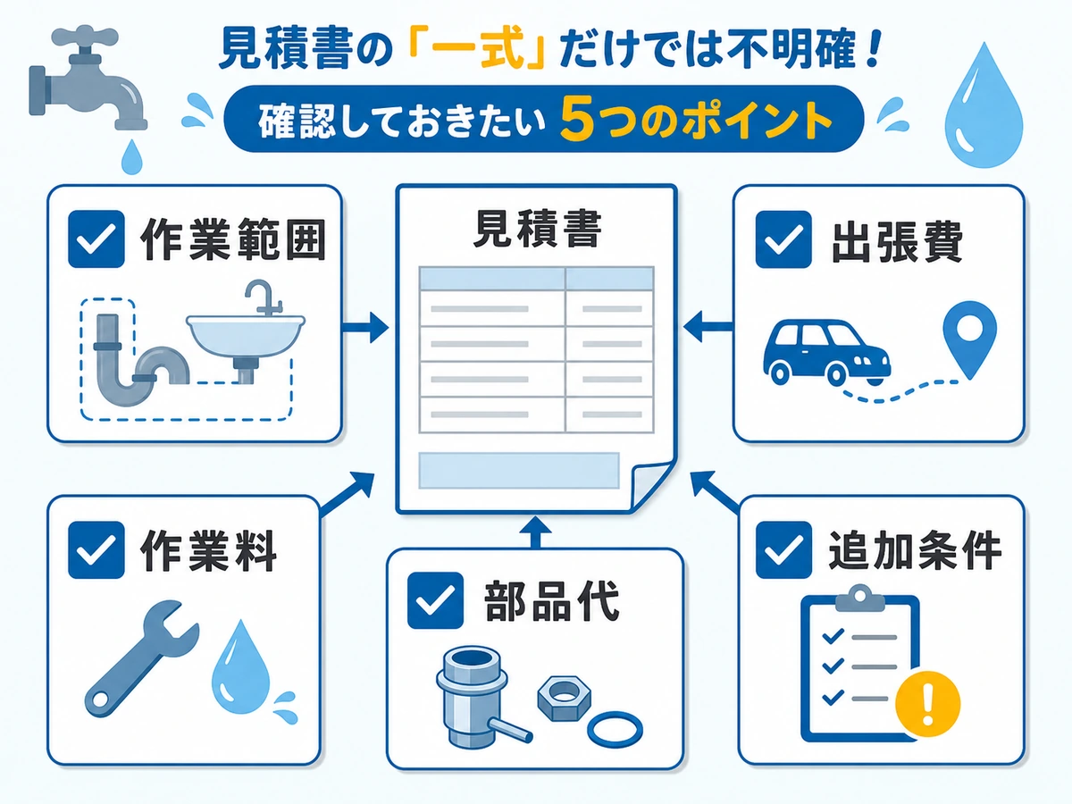 水道修理の見積書で確認する作業範囲と費用内訳の図解