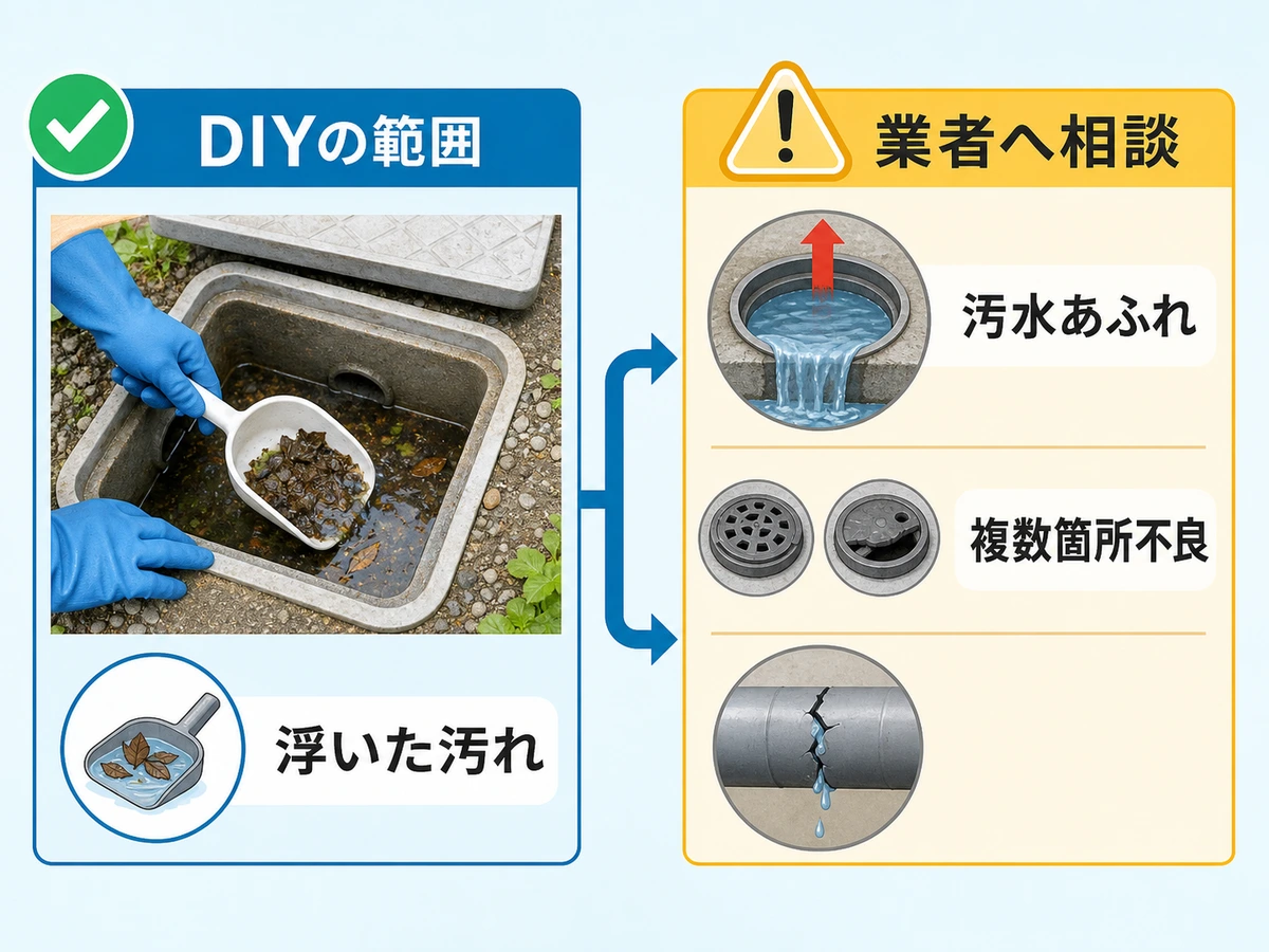 排水桝のDIY掃除範囲と業者相談の判断図