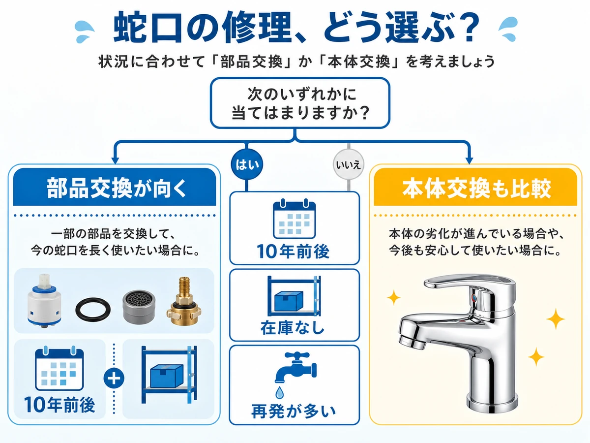 水栓の部品交換と本体交換を年数・在庫・再発で比べる判断図
