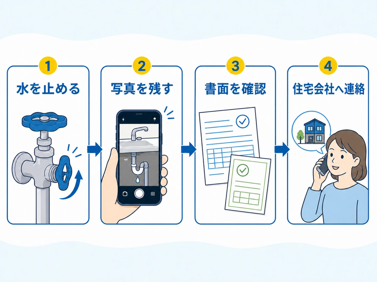 新築の水回りトラブルで水を止め、写真と書面を確認して住宅会社へ連絡する流れ