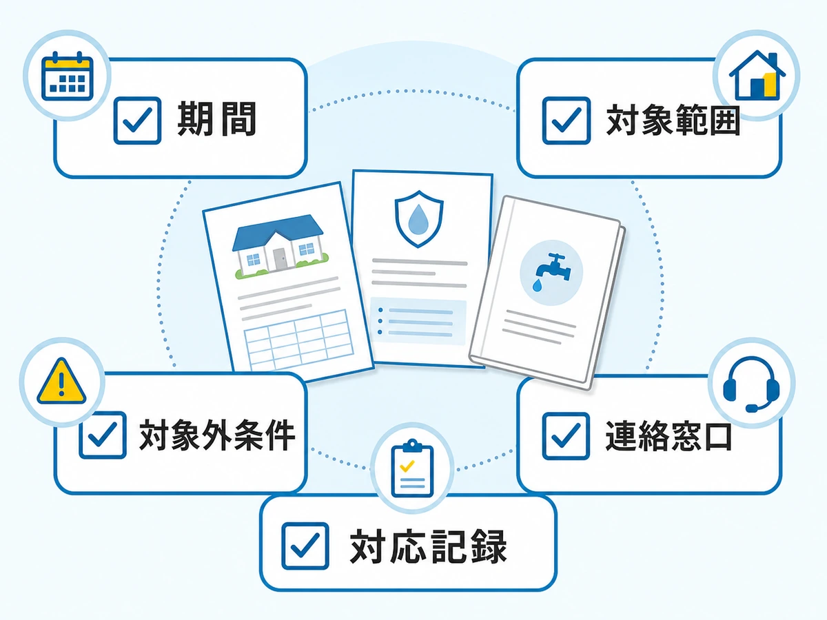 保証書と契約書で期間、対象範囲、対象外条件、連絡窓口、対応記録を確認する図