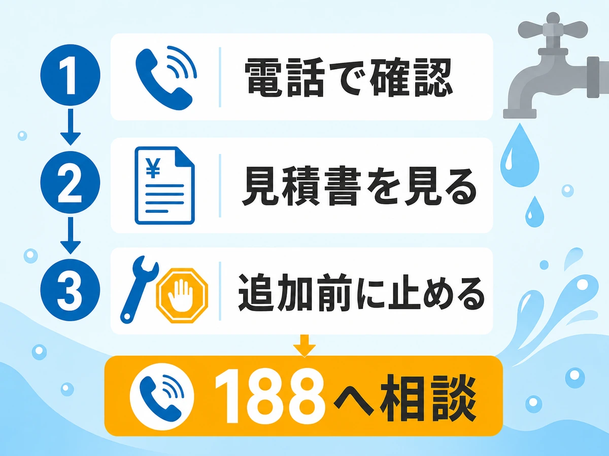 水道修理の追加料金を防ぐための電話、見積書、追加作業前、188相談の確認フロー