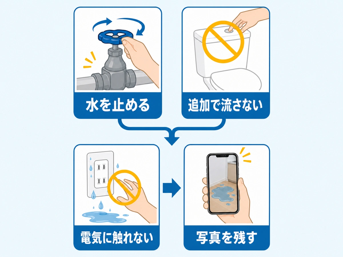 水漏れ・詰まり発生時の止水、追加洗浄停止、安全確認、写真記録の流れ