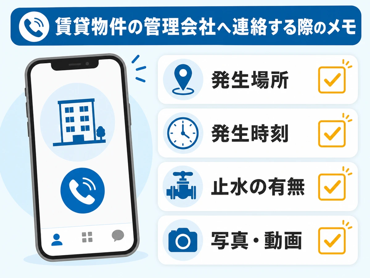 管理会社へ連絡するときに伝える発生場所、時刻、止水、写真のチェック項目