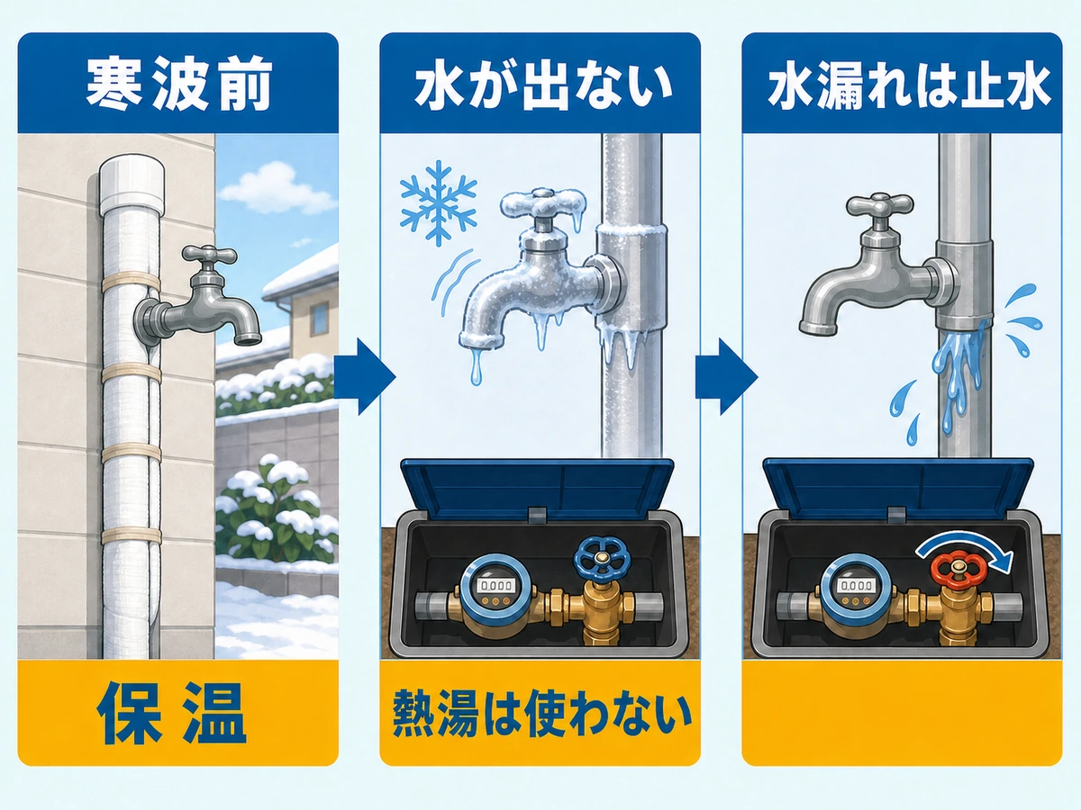 冬の水回りで寒波前、水が出ない時、水漏れ時の確認順を示す図