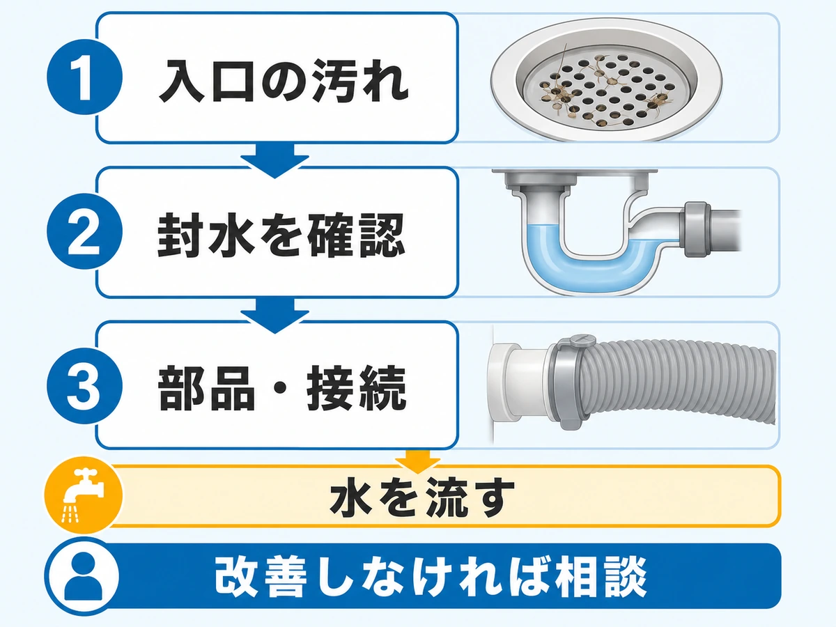 夏の排水口の悪臭を入口の汚れ、封水、部品や接続の順で確認する図