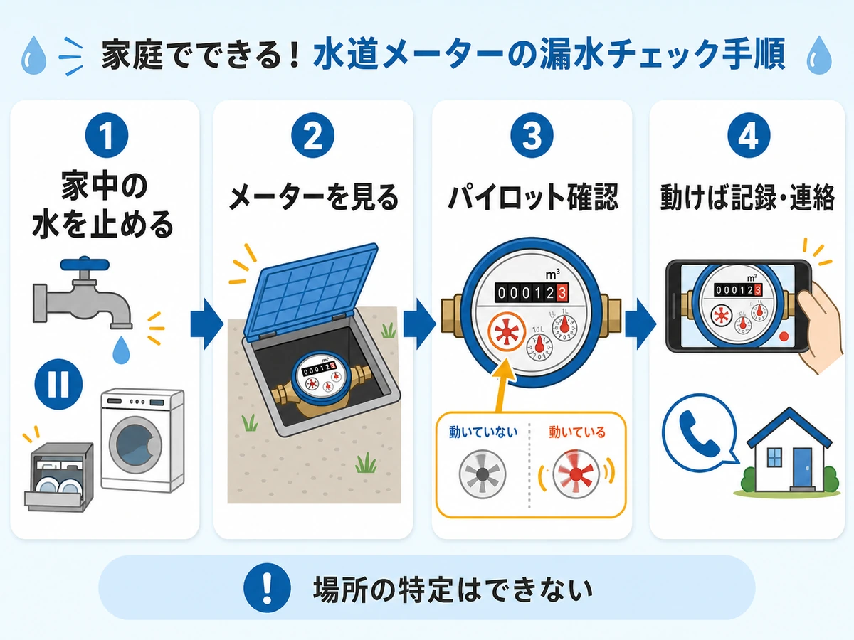 家中の水を止めて水道メーターのパイロットを確認し、動けば記録して連絡する流れ