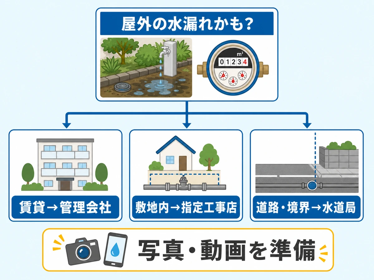 賃貸は管理会社、敷地内は指定工事店、道路や境界は水道局へ連絡する分岐図