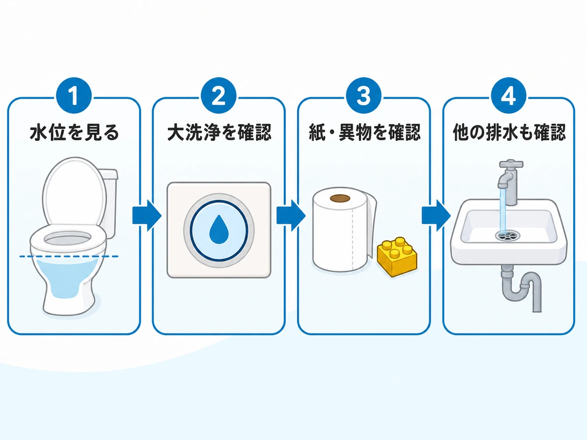 大を流すと詰まるときの水位・大洗浄・紙と異物・他の排水の確認順
