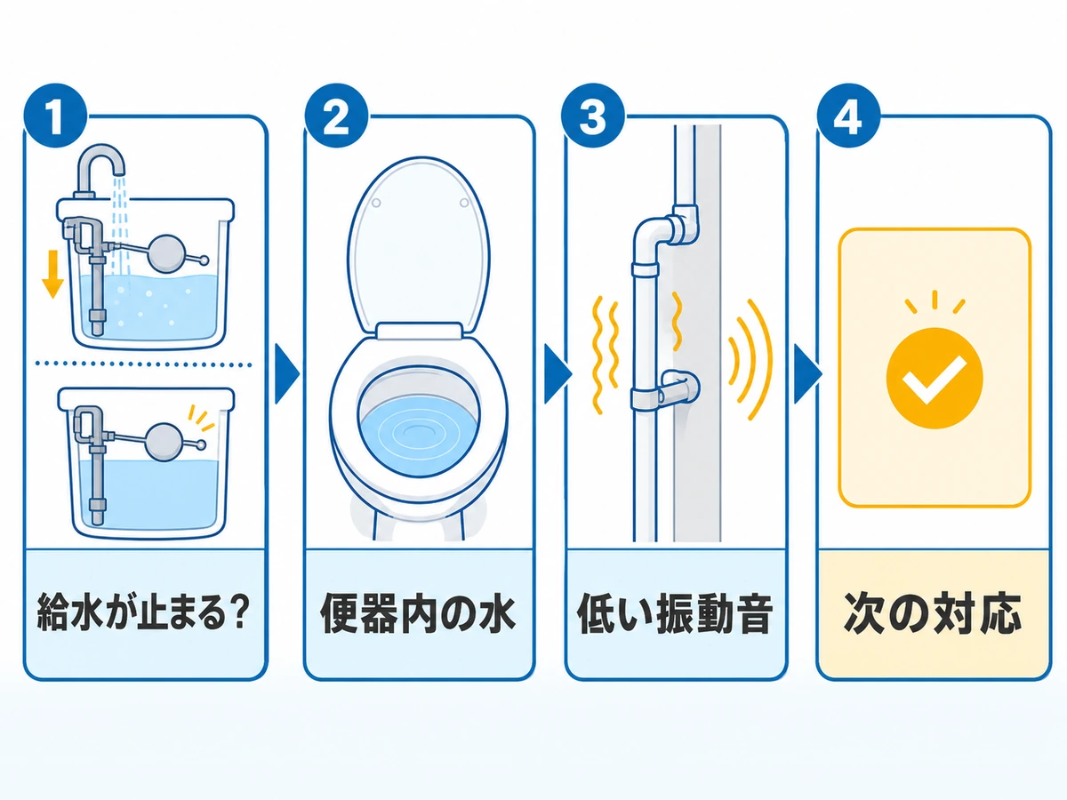 トイレの給水音を給水停止、便器内の水、低い振動音の順で確認する図