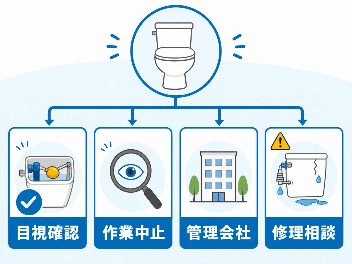 トイレの給水音を目視確認、作業中止、管理会社、修理相談に分ける判断図