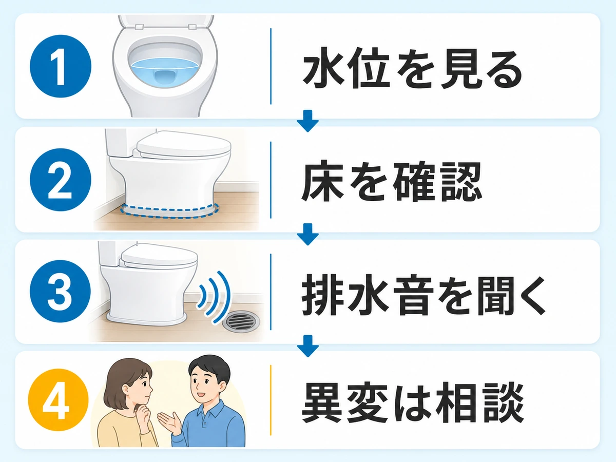 トイレの水位、床、排水音を順に確認するフロー