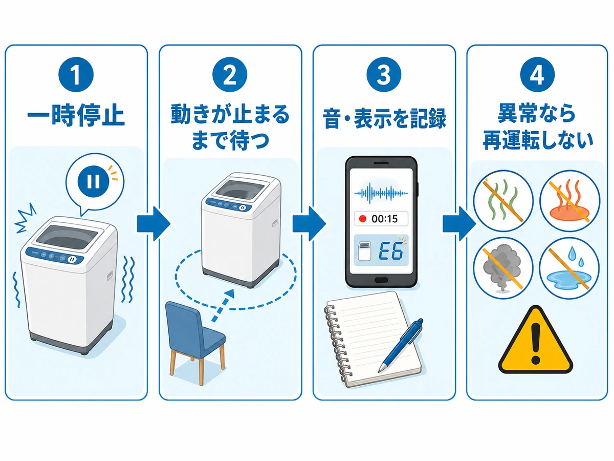 洗濯機の異音・振動が出た直後に一時停止し、待つ・記録する・危険サインを確認する流れ