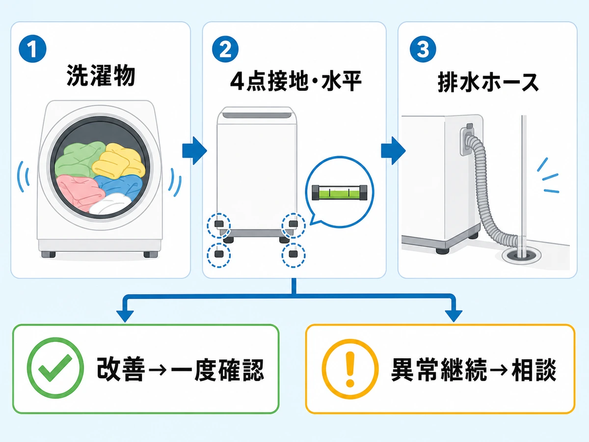 洗濯物、4点接地と水平、排水ホースの順に確認し、改善か相談かを判断する図