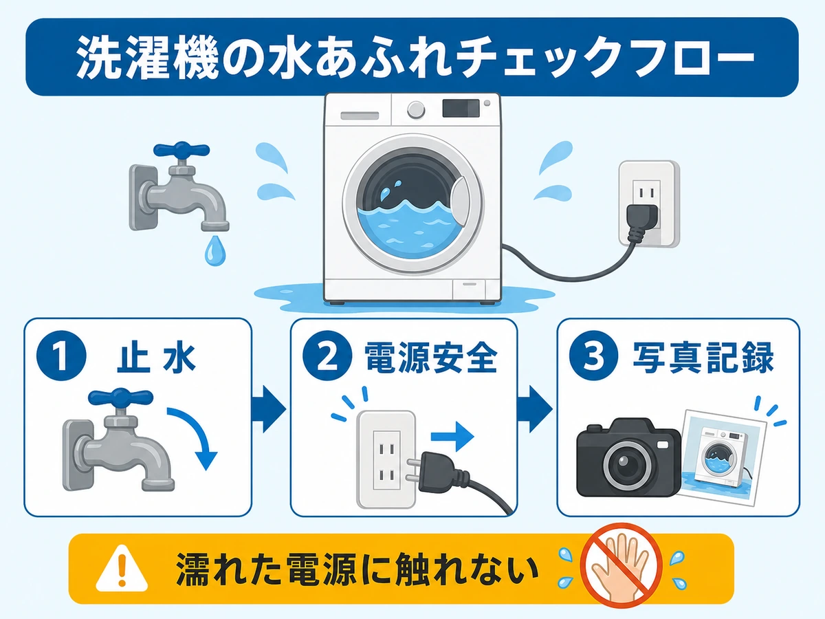 洗濯機の水が止まらない時の止水、電源安全、写真記録の確認フロー