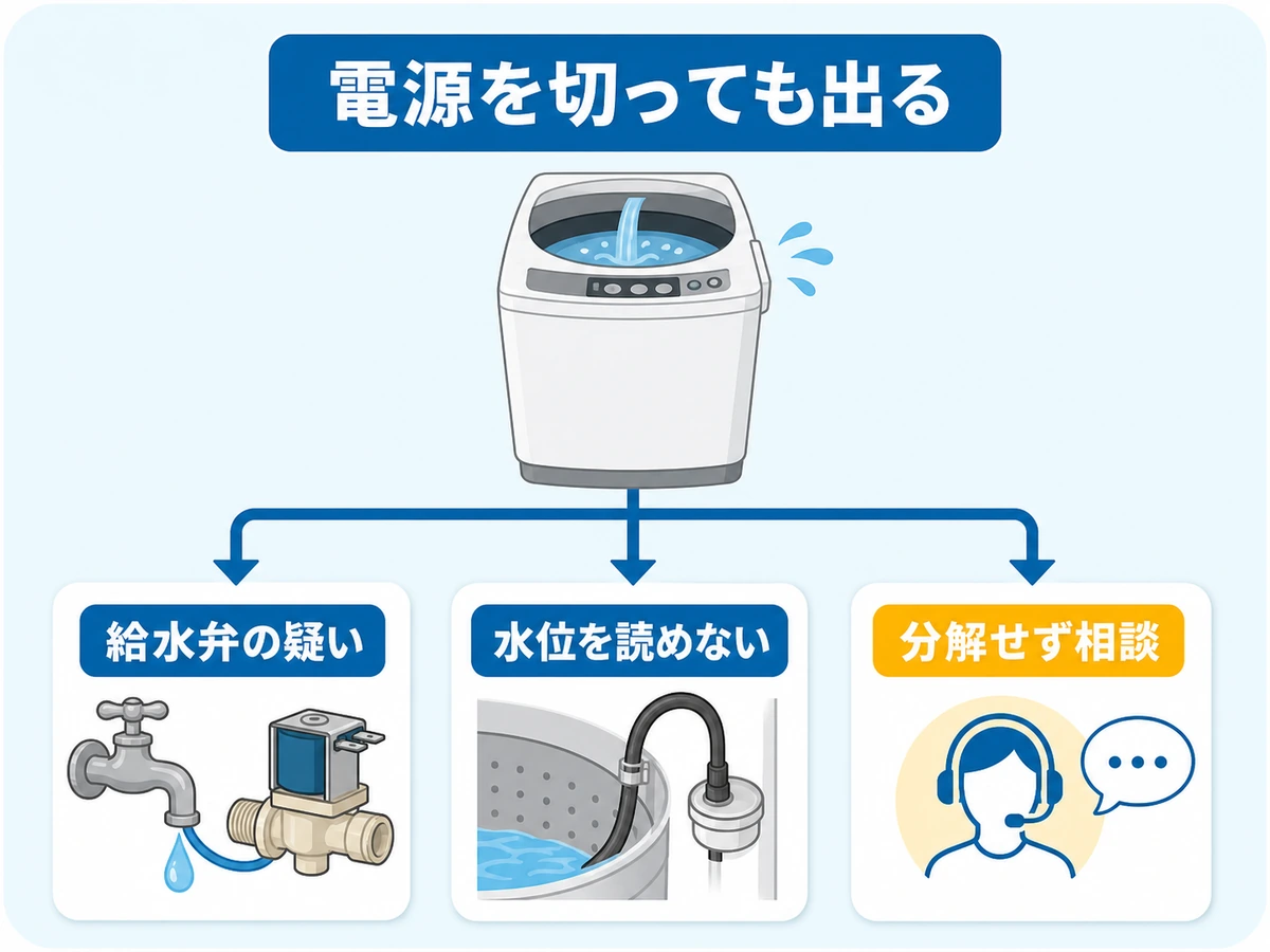 洗濯機の水が止まらない時に給水弁と水位センサーの疑いを分ける判断図