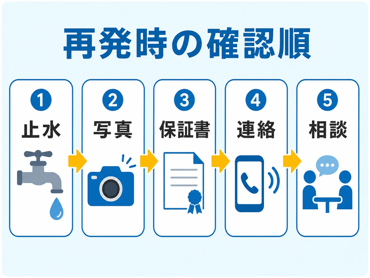 水漏れ修理後に再発したときの止水・写真・保証書・連絡・相談の確認順