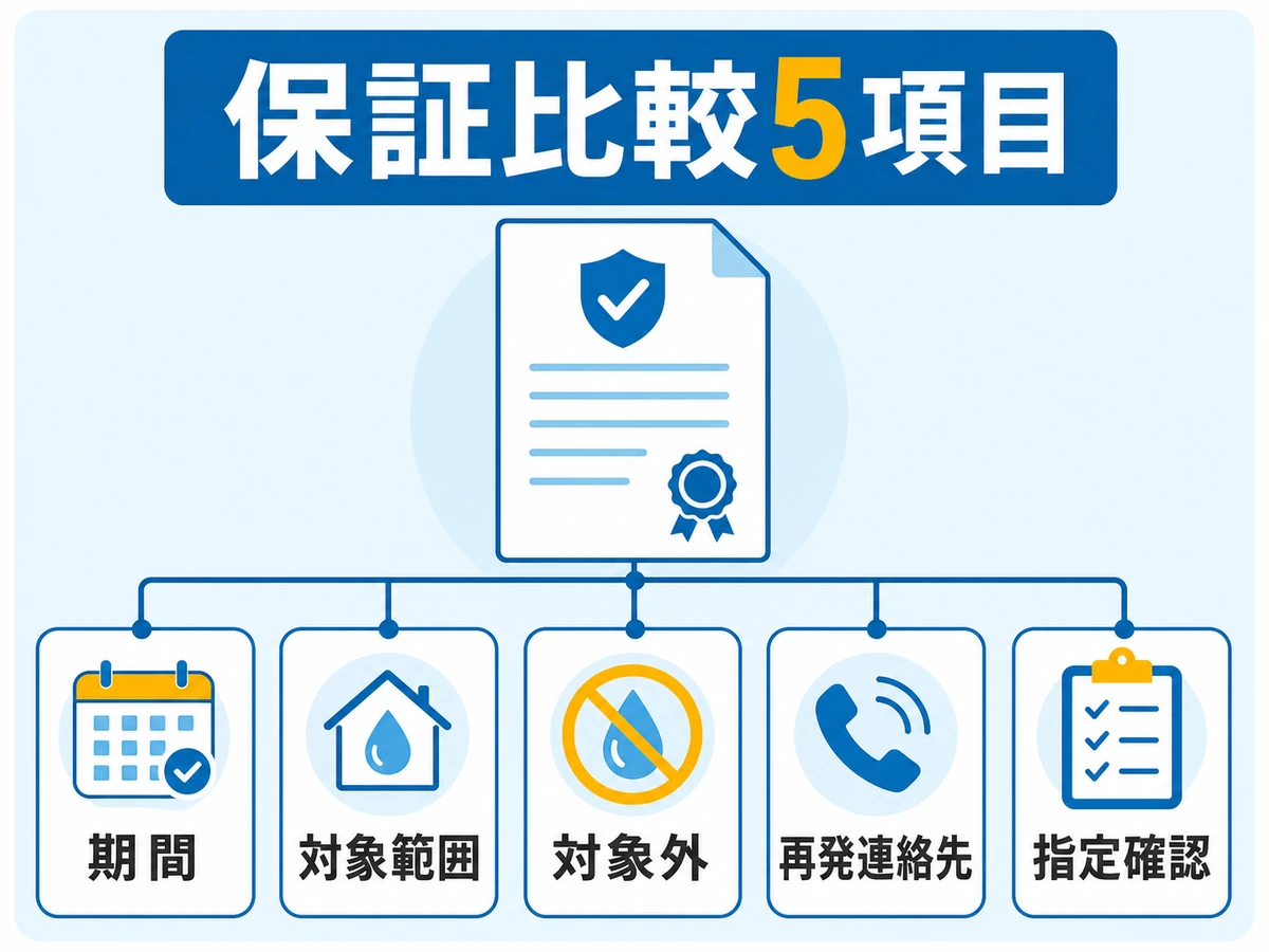 水漏れ修理の保証比較で見る期間・対象範囲・対象外・再発連絡先・指定確認の5項目