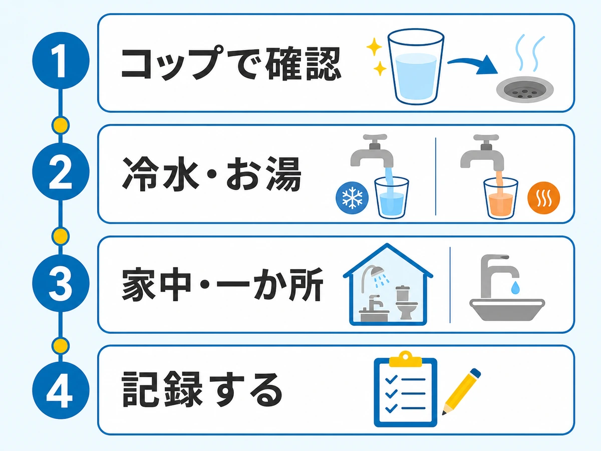 水の臭いをコップ、冷水とお湯、家中と一か所の順で確認するフロー図