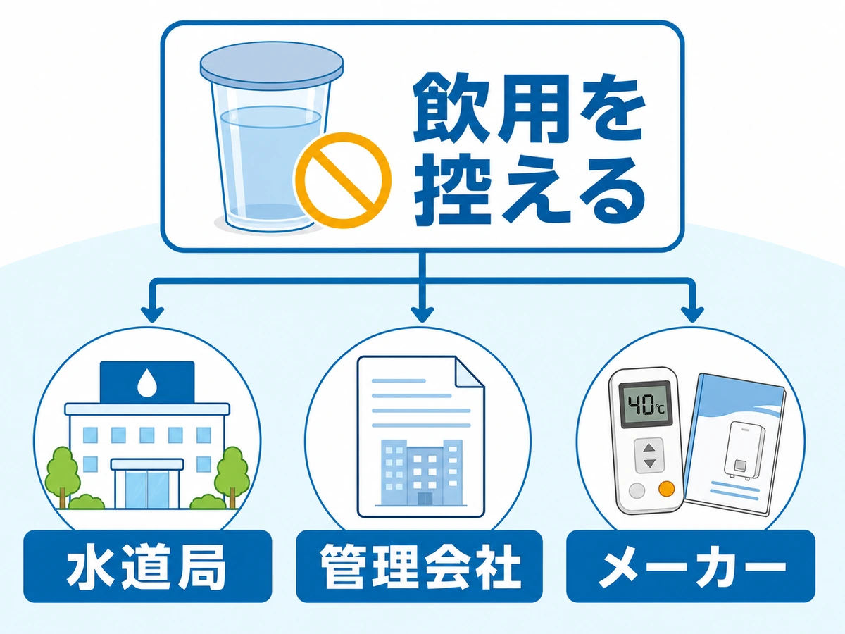 異臭時に飲用を控え、水道局、管理会社、メーカーへ連絡する判断図