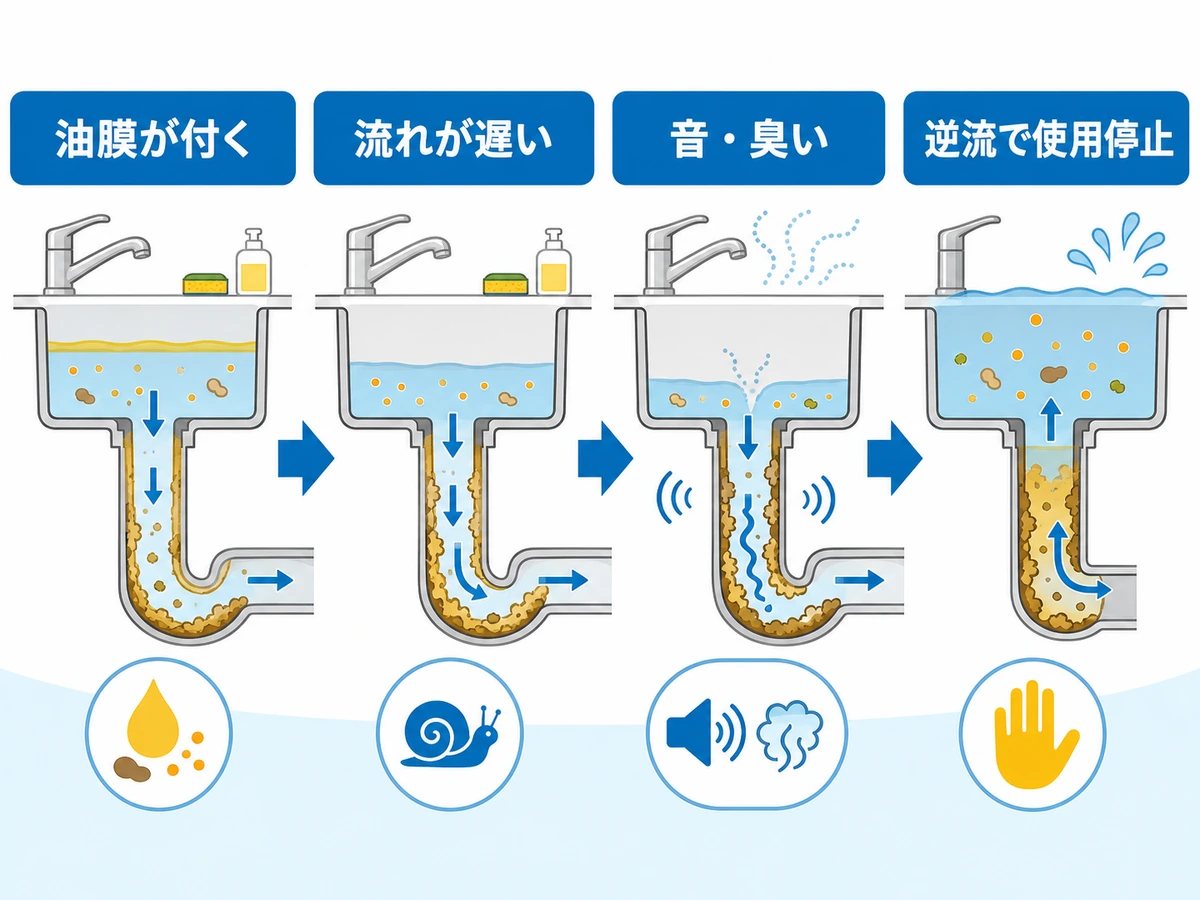 油膜の付着から流れの低下、音や臭い、逆流までの排水症状の進み方