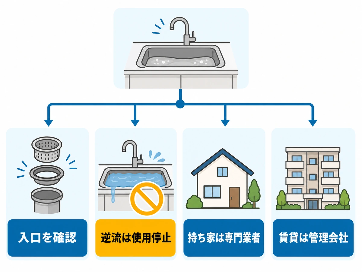 キッチン排水の症状と住居形態から確認先を選ぶ判断チャート