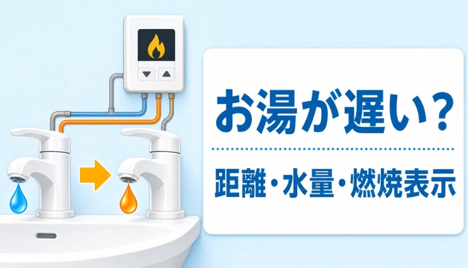 洗面台のお湯が遅いときに距離・水量・燃焼表示を確認するイメージ