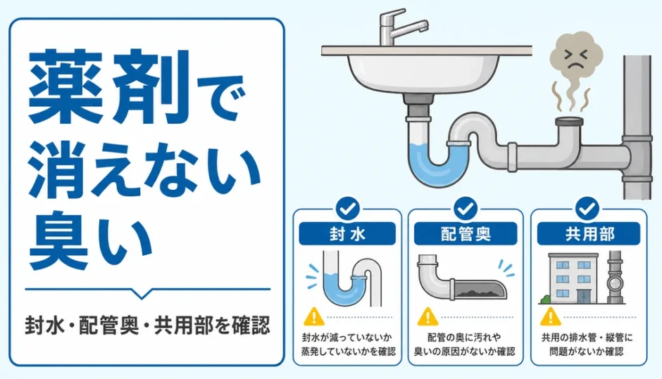パイプ洗浄剤で消えない排水口の臭いを封水・配管奥・共用部に分けて確認する図