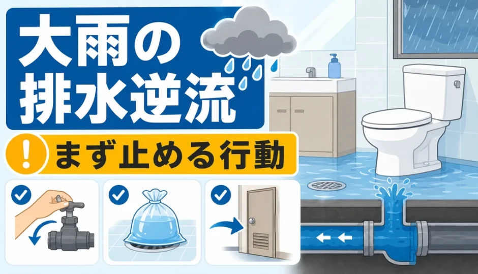 大雨で排水が逆流した時に水を止める初動を示す図解