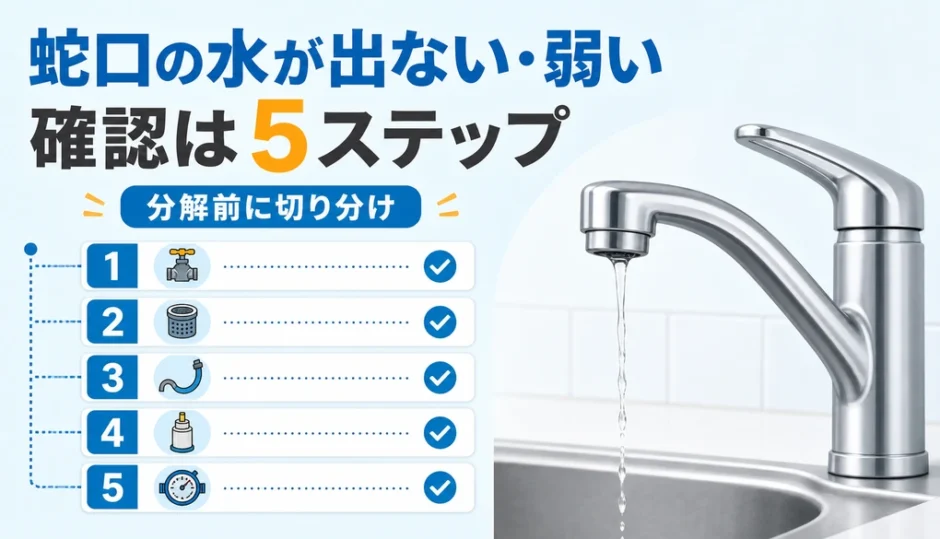 キッチン蛇口の水が出ない・弱いときの5ステップ確認を示す図