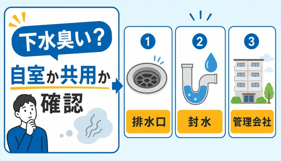 マンションで下水臭い時に自室か共用部かを確認する図
