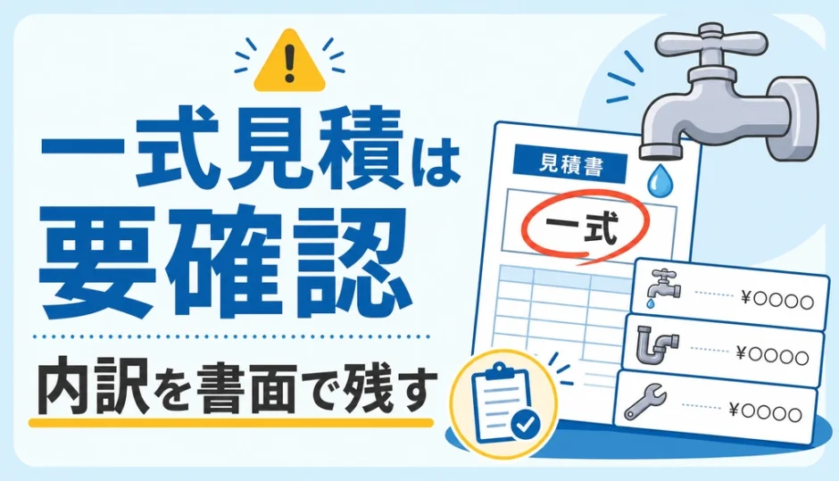 水道修理の一式見積は要確認と示す見積書の図解