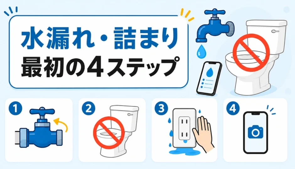 水漏れ・詰まりが起きた直後の4ステップを示すイラスト