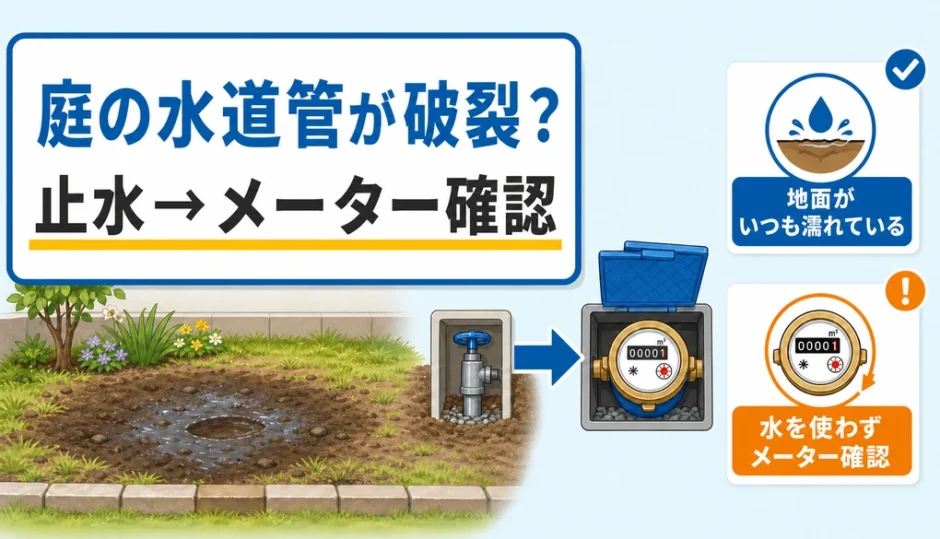 庭の湿りと水道メーターから水道管の漏水を確認するイラスト