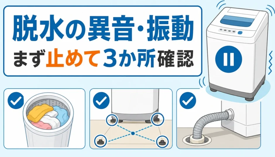 脱水中の異音・振動では一時停止して洗濯物・水平・排水を確認することを示す図