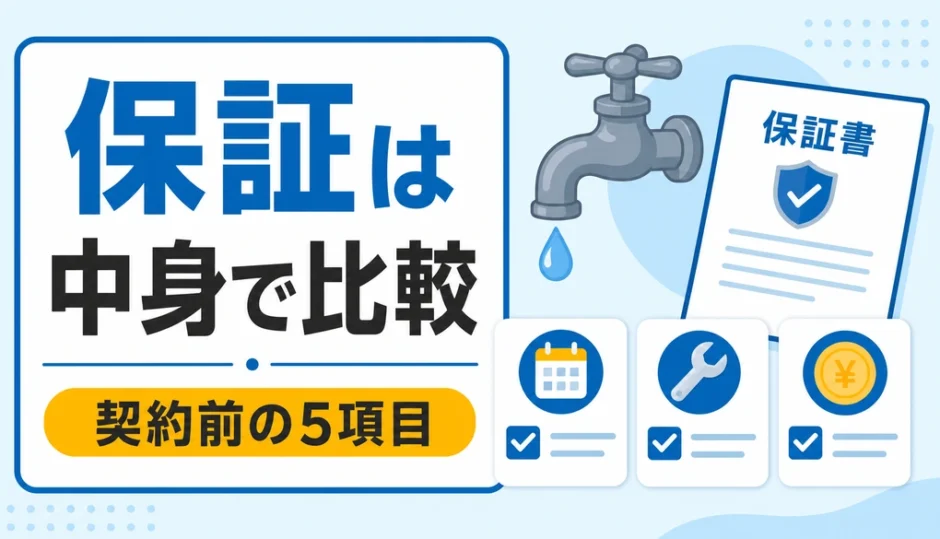 水漏れ修理の保証は中身で比較し契約前の5項目を確認することを示す図解