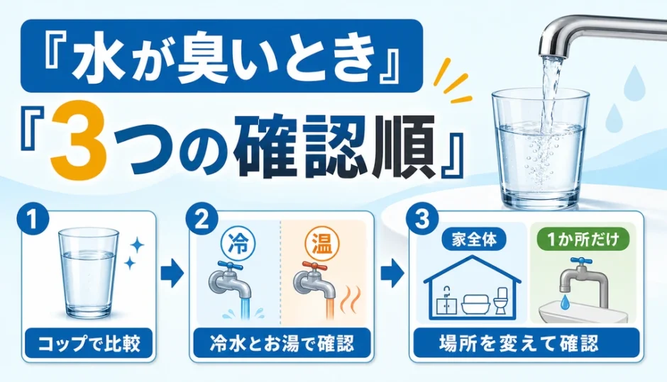 水が臭いときにコップ、冷水とお湯、場所を順に確認することを示す図