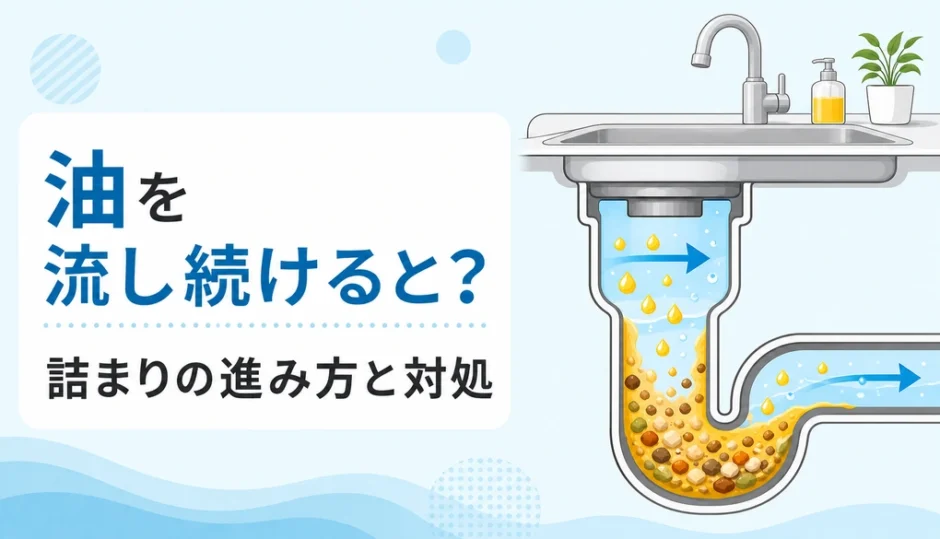 キッチンで油を流し続けたときの排水詰まりの進み方と対処を示す図
